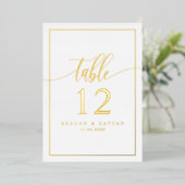 White & Gold Foil Calligrafie Photo Table Number Folie Uitnodiging (Staand Voorkant)