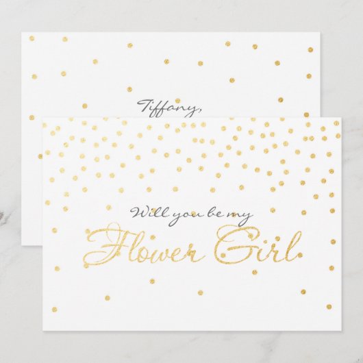 White Gold Foil Confetti BLOEMENMEISJE Kaart (Voorkant / Achterkant)