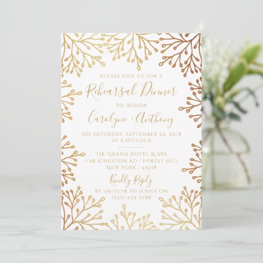 White & Gold Foil Floral Wedding Rehearsal Dinner Kaart (Staand voorkant)