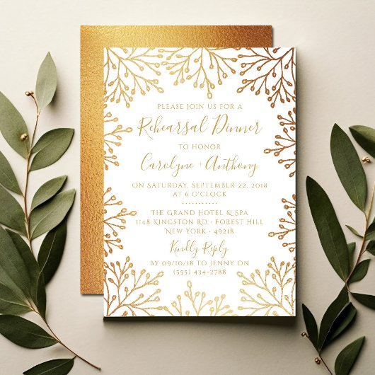 White & Gold Foil Floral Wedding Rehearsal Dinner Kaart
