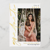 White Gold Foil kalligrafie Foto Afstuderen Folie Uitnodiging (Voorkant)