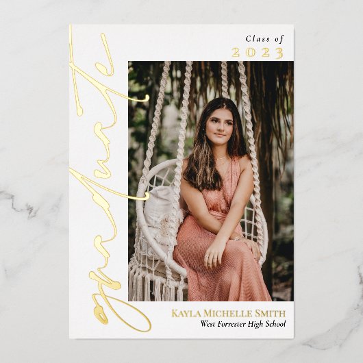 White Gold Foil kalligrafie Foto Afstuderen Folie Uitnodiging (Voorkant)