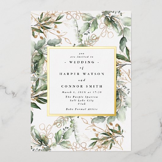 White Gold Foil Lijst | Boho Botanische Eucalyptus Folie Uitnodiging (Voorkant)
