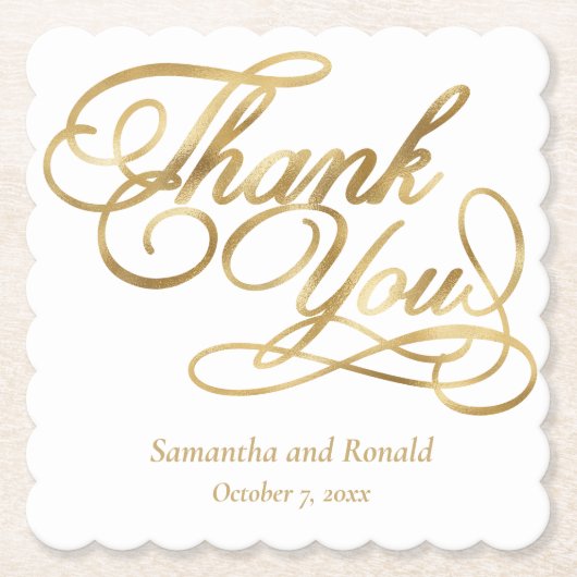 White & Gold Foil Thank You Calligraphy Wedding Kartonnen Onderzetters (Voorkant)