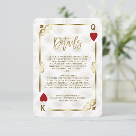 White Gold Gatsby Casino Las Vegas Poker Wedding Informatiekaartje (Staand voorkant)