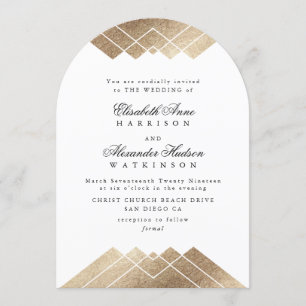 White Gold Gatsby Deco Kalligrafie Boog Huwelijk Kaart