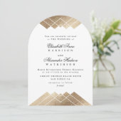 White Gold Gatsby Deco Kalligrafie Boog Huwelijk Kaart (Staand voorkant)