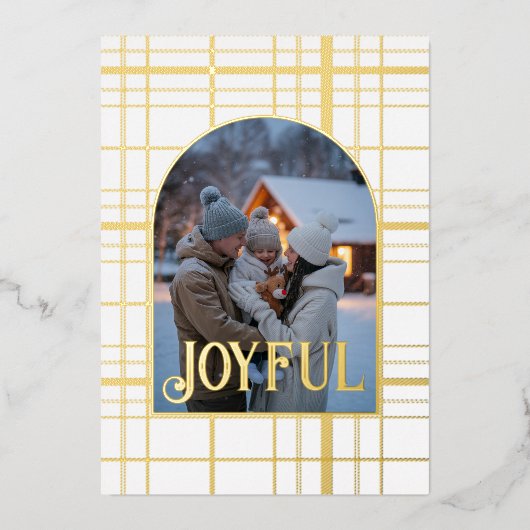 White & Gold Gingham Kerstvakantie Foto Folie Feestdagenkaart (Voorkant)