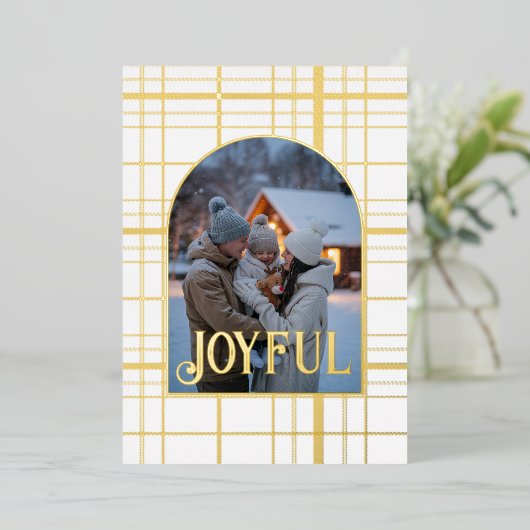 White & Gold Gingham Kerstvakantie Foto Folie Feestdagenkaart (Staand Voorkant)