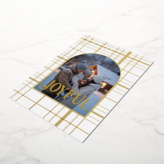 White & Gold Gingham Kerstvakantie Foto Folie Feestdagenkaart (Gedraaid)