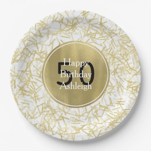 White Gold Glam Confetti 50e verjaardag Papieren Bordje (Voorkant)