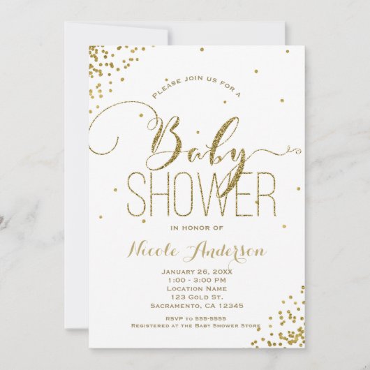 White & Gold Glam Glitter Corners BABY SHOWER Kaart (Voorkant)