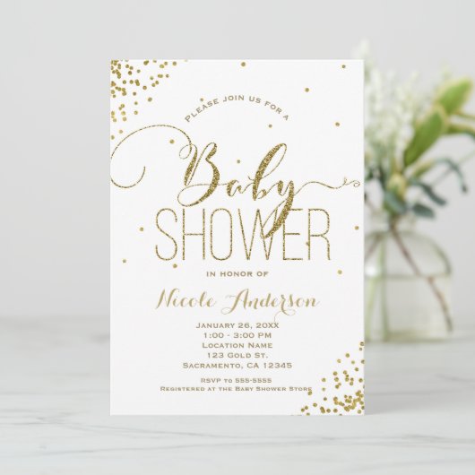 White & Gold Glam Glitter Corners BABY SHOWER Kaart (Staand voorkant)