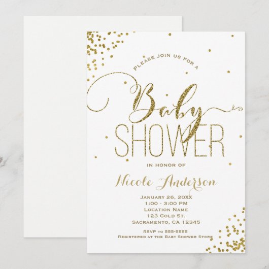 White & Gold Glam Glitter Corners BABY SHOWER Kaart (Voorkant / Achterkant)