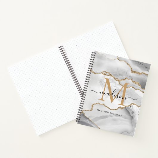 White Gold Glitter Agate Marble Monogram Script Notitieboek (Binnen)