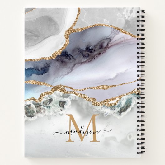 White Gold Glitter Agate Marble Monogram Script Notitieboek (Achterkant)