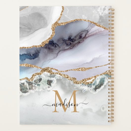 White Gold Glitter Agate Marble Monogram Script Planner (Achterkant)