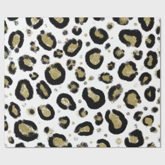 White Gold Glitter & Black Leopard Cheetah Print Cadeaupapier (Vlak)