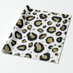 White Gold Glitter & Black Leopard Cheetah Print Cadeaupapier
