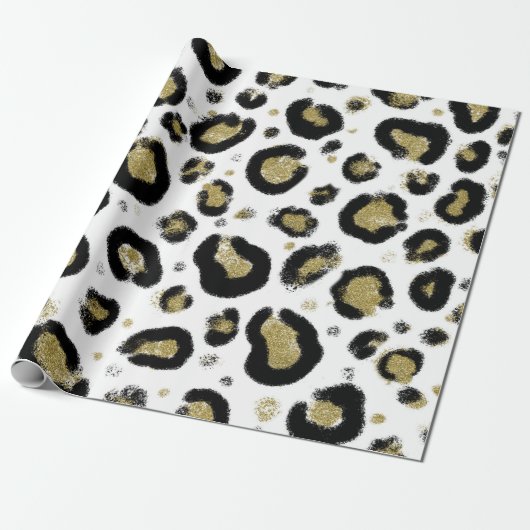 White Gold Glitter & Black Leopard Cheetah Print Cadeaupapier (Uitgerold)
