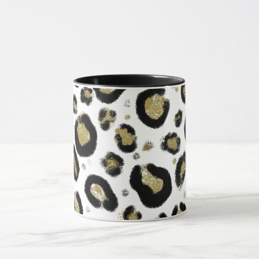 White Gold Glitter & Black Leopard Cheetah Print Mok (Midden)