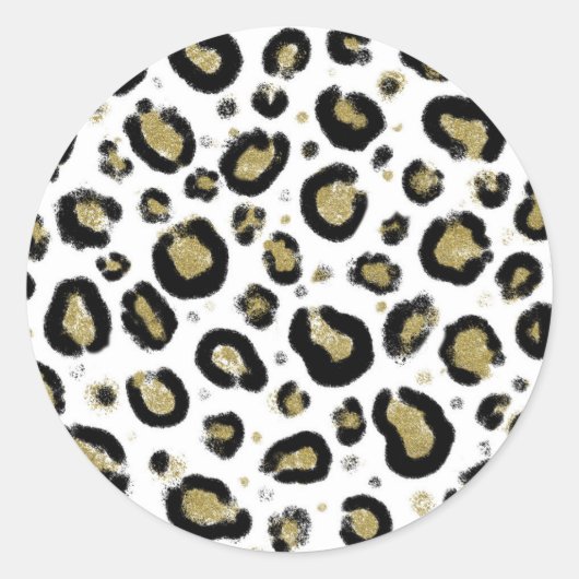 White Gold Glitter & Black Leopard Cheetah Print Ronde Sticker (Voorkant)