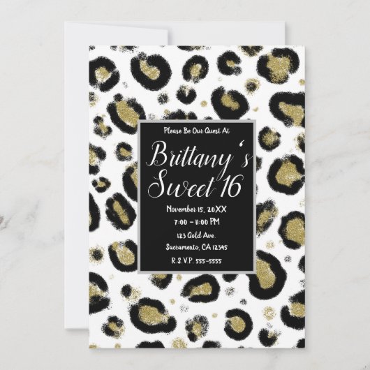 White Gold Glitter & Black Leopard Sweet 16 Party Kaart (Voorkant)