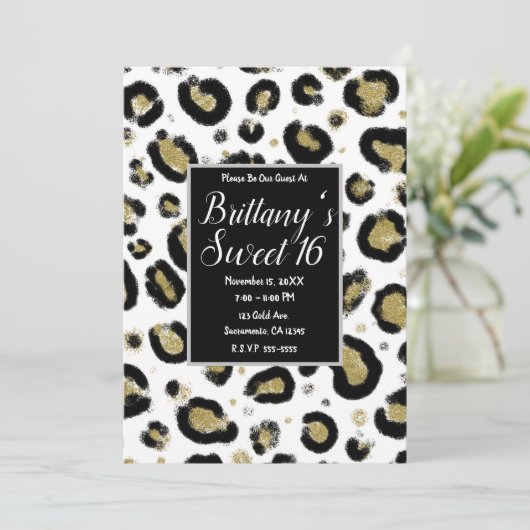 White Gold Glitter & Black Leopard Sweet 16 Party Kaart (Staand voorkant)