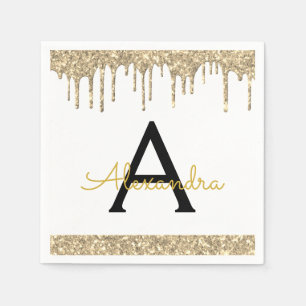 White Gold Glitter Black Monogram Birthday Servet