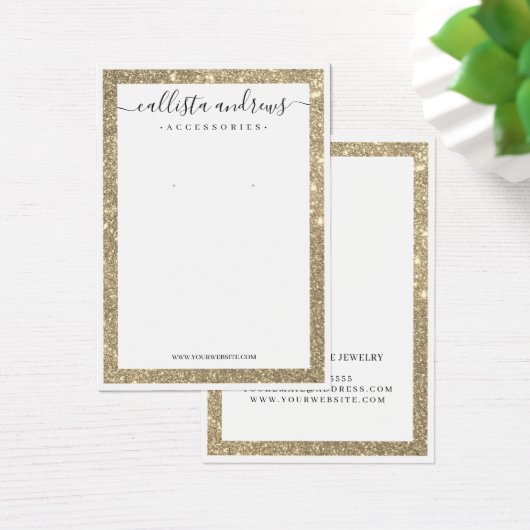 White Gold Glitter Border Cursive Earning Display Visitekaartje (Bureau)