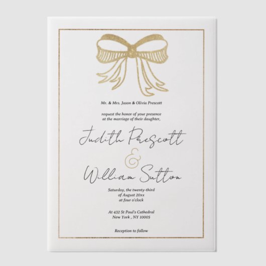 White gold glitter bow ribbon simple Wedding Vellum Uitnodigingen (Voorkant)