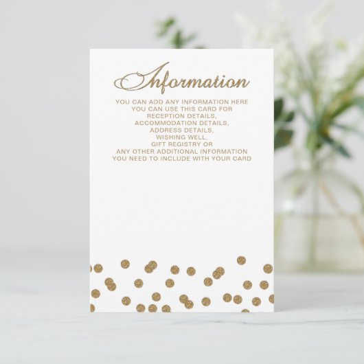 White Gold Glitter Confetti Elegant Wedding Informatiekaartje (Staand voorkant)