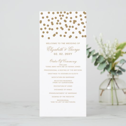 White Gold Glitter Confetti Elegant Wedding Programmakaart (Staand voorkant)