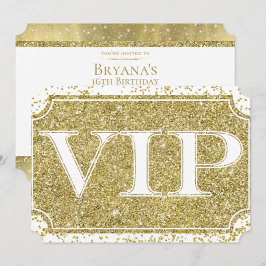 White Gold Glitter Confetti Glam VIP Party Ticket Kaart (Voorkant / Achterkant)