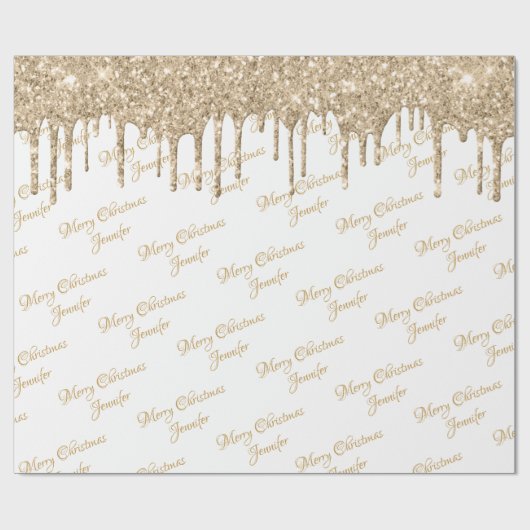 White Gold Glitter Driving Kerstmis Name Script Cadeaupapier (Vlak)