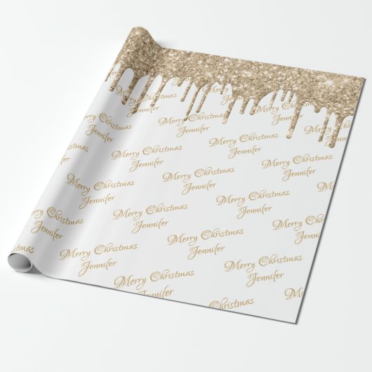 White Gold Glitter Driving Kerstmis Name Script Cadeaupapier (Uitgerold)