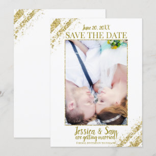 White & Gold Glitter Foto Save the Date Wedding Kaart