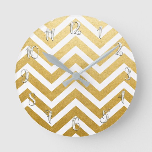 White & Gold Glitter Girly Glam Glamor Chevron Ronde Klok (Voorkant)