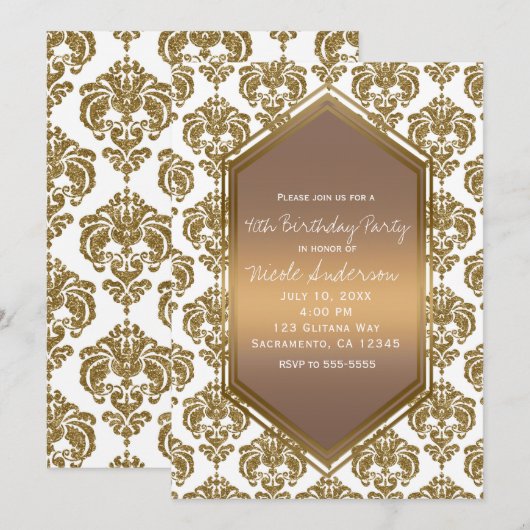 White Gold Glitter Glam Damask Print Party Kaart (Voorkant / Achterkant)