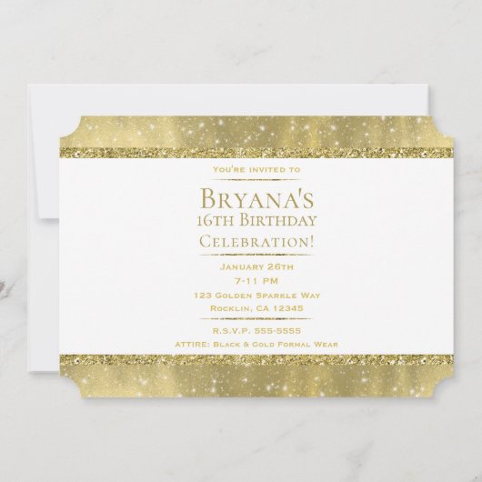 White & Gold Glitter Glam VIP Party Event Ticket Kaart (Achterkant)