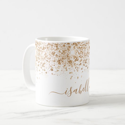 White gold glitter name script koffiemok (Voorkant links)