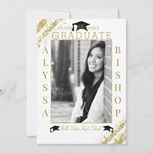 White & Gold Glitter Photo Afstuderen Afstuderen Kaart (Voorkant)