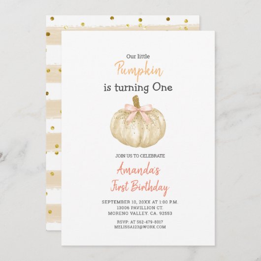 WHITE Gold Glitter Pompoen 1e verjaardag Uitnodigi Kaart (Voorkant / Achterkant)