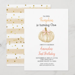 WHITE Gold Glitter Pompoen 1e verjaardag Uitnodigi Kaart