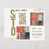 White & Gold Glitter Save the Date Photo Cards (Voorkant / Achterkant)