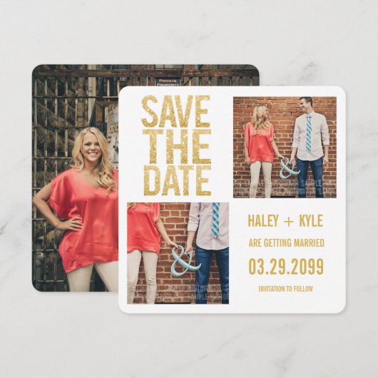 White Gold Glitter Save the Date Photo Cards (Voorkant / Achterkant)