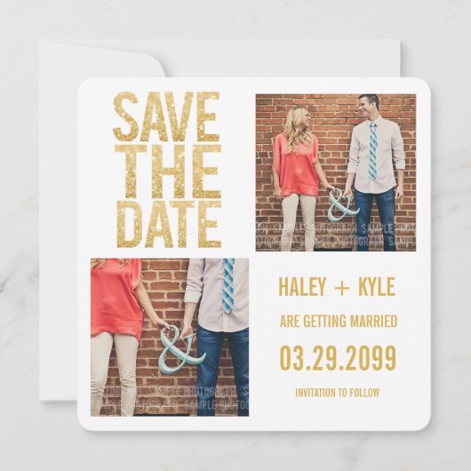 White Gold Glitter Save the Date Photo Cards (Voorkant)