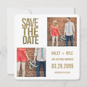 White & Gold Glitter Save the Date Photo Cards Kaart