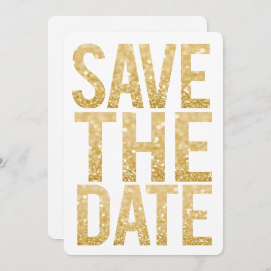 White & Gold Glitter Save the Date Typography Kaart (Voorkant / Achterkant)