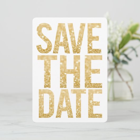 White & Gold Glitter Save the Date Typography Kaart (Staand voorkant)